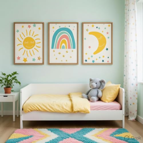 Image of Livin'luxe Kids Nursery Wall Painting Set of 3 with Wooden Frames | Sun Rainbow Moon Kids Room Wall Art | HD Sparkle Printed MDF Cartoon Wall Decor for Baby Room, Nursery, Playroom & Bedroom