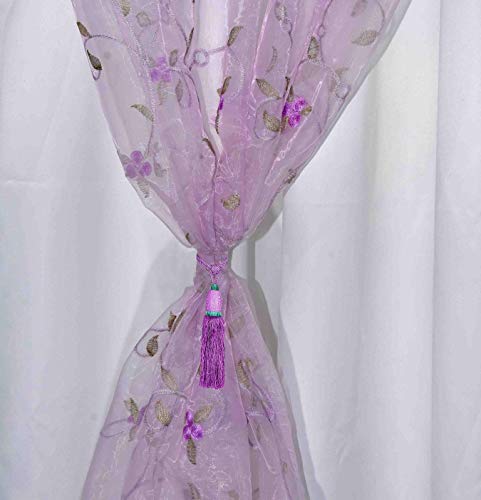 Image of 2 in 1 Embroidery Transparent Polyester Floral Door Curtain with 80% Blackout Curtain, Set of 2(7 Feet, Pink Embroidery + White Blackout)