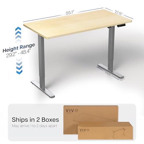 Image of VIVO Light Wood 55 x 28 in Standing Desk, DESK-KIT-1G55C | Electric, Holds 220 lbs, Sit Stand, Height Adjustable, Solid One-Piece Table Top, Memory Presets, 1B Series, Gray Frame
