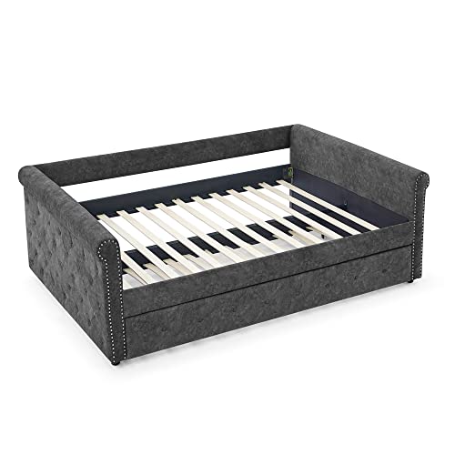 Homsof Daybed Upholstered Tufted Sofa Bed, With Button And Copper Nail On Arms, Full Daybed & Twin Trundle, Gray1 #TOP7