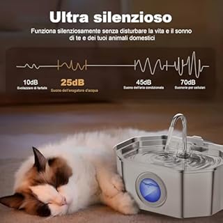 Fontanella per gatti,Apauk 3.2L fontanella per gatti acciaio Inox, fontana per Cani piccoli,Ultra silenziosa,con finestra LED, Sistema di filtraggio multistrato (S con 2 filtri & 2 spugne)