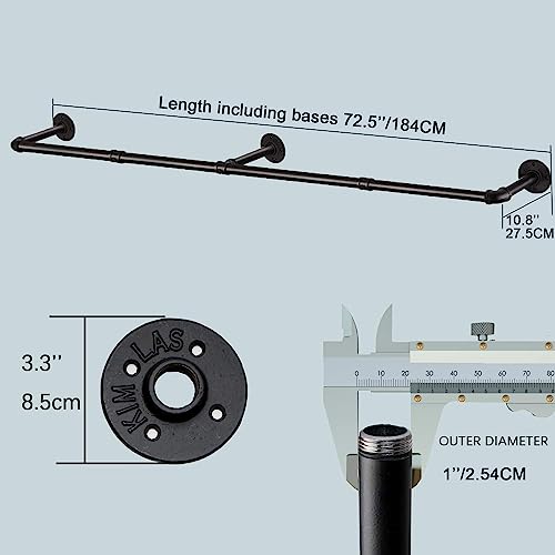 Crehomfy Industrial Pipe Clothes Rack With 3 Hooks, 72’'L Wall Mounted Garment Rack, Heavy Duty Iron Garment Bar, Clothes Hanging Rod Bar For Laundry Room, Max Load 135Lb Black (3 Base) #TOP5