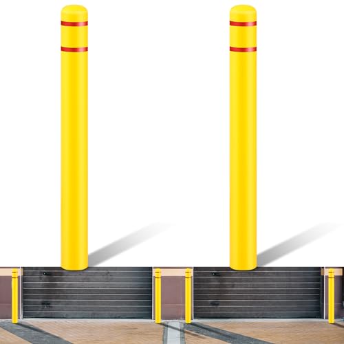 Pangda 2 Pcs Flat Top Bollard Covers Yellow and Red Bollard Post Sleeve for Home Parking Fence Pole Pipe (5" X 52")
