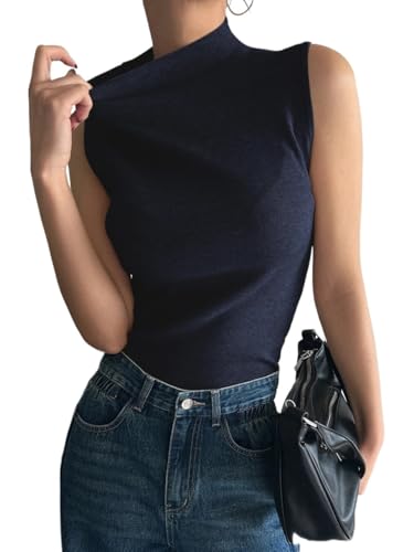 XPSCYBH Women's Sweater Vest Solid Mock Neck Ribbed Knit Sweater