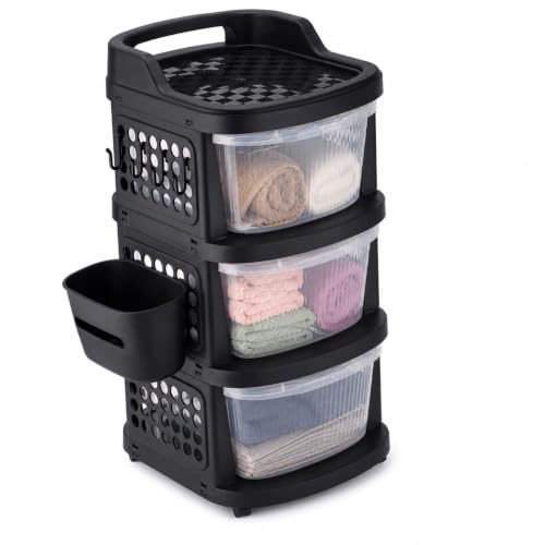 Image of Homeor 3 Tier Plastic Storage Drawer Cabinet with Wheels, Modular Chest of Drawers Organizer with Side Basket & Handle, Storage Trolley Rack for Home, Kitchen, Bedroom, Kids Room (Black Transparent)