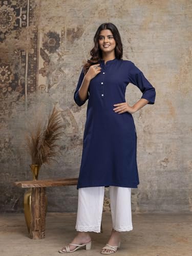 Image of feranoid Women's Plain Cotton Kurta with Mandarin Collar, 3 /4 Sleeves & Pocket