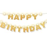 Happy Birthday Letters Banner Gold Happy Birthday Garland Decoration and 9.8 Feet Copper Wire Lights...
