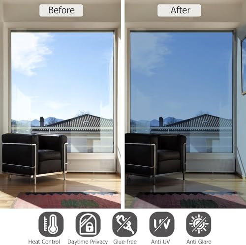 Image of CREON One Way Window Film, Privacy Window, UV Blocking, Non-Adhesive Static Cling Heat Control Reflective Glass Film for Home and Office 20x115 (Inch), Slver-blu