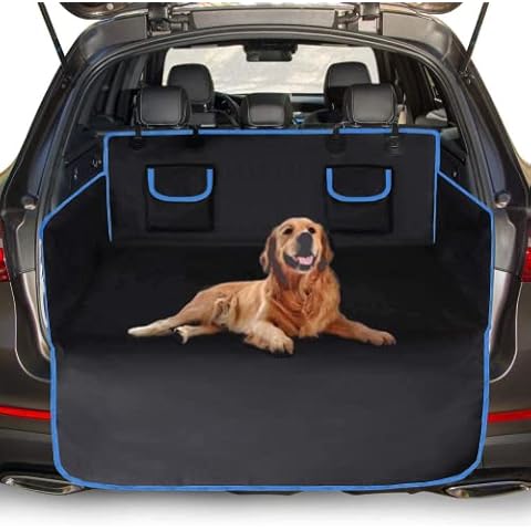 UNIQU Car Boot Cover for Dogs | Waterproof, Nonslip Pet Car Boot Liner Protector | Universal Car Trunk Dog Blanket with Side Protection and Bumper Protection for Car, Truck, SUV (Black - Blue Edge) Cover