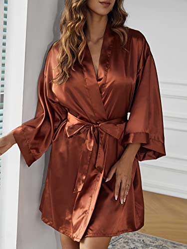 Wdirara Women's Satin Leopard Print Lace Trim Long Sleeve Belted Night Robe Rust Brown S #TOP3