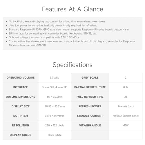 Waveshare 2.13inch E-Paper Display HAT, V4 Version 250x122 Resolution, Supports Black/White 2-Color, Compatible with Jetson Nano/Raspberry Pi 4B/3B+/3A+/3B/2B/1B+/1A+/Zero 2 W/Zero W/Zero