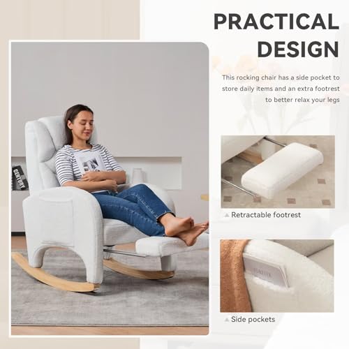 FOXHUNTER-Rocking-Chair-Nursery-Modern-Glider-Chair-with-Adjustable-Footrest-and-Solid-Wood-Legs-High-Backrest-Nursery-Chair-with-Side-Pocket-Rocker-Armchair-for-Living-Room-Bedroom-Teddy-Ivory FOXHUNTER Rocking Chair Nursery Modern Glider Chair with Adjustable Footrest and Solid Wood Legs High Backrest Nursery Chair with Side Pocket Rocker Armchair for Living Room Bedroom Teddy Ivory