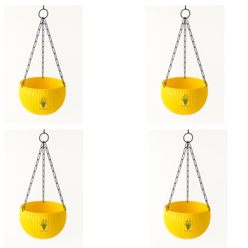 Image of Hanging Flower Pots with Chain - Set of 4 | Eco-Friendly White Plastic Planters for Balcony, Indoor & Outdoor Use | Round Ribbed Design (Yellow 4 Pieces)