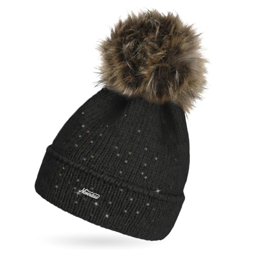Neverless® Damen Strick-Mütze mit Fellbommel und Innenfutter Fleece Kunstfell Bommelmütze Glitzer-Effekt Umschlag Schwarz Unisize