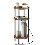 HOOBRO Small Round Side Table, 3-Tier Compact Sofa End Table with Charging Station, Circle Bedside Table Nightstand with Storage, for Small Space, Living Room, Bedroom, Rustic Brown BF219UBZ01