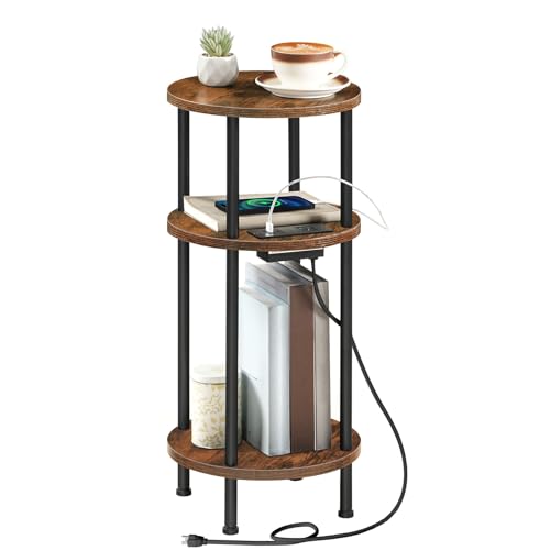 HOOBRO Small Round Side Table, Round End Table with Charging Station
