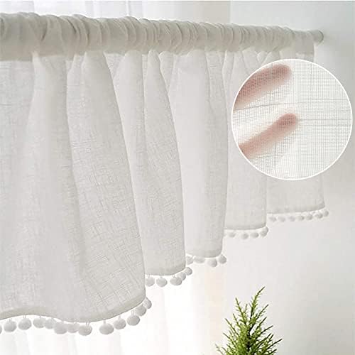 PFLife Sheer Valence for Windows White Pom Pom Short Window Valance Semi-Sheer Sheer Valances for Living Room Blinds Light Filter Curtains for Living Room 1 Panels (41x 18 Inch, White)