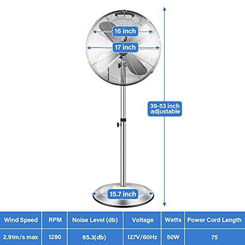 16 Inch Stand Fan, Adjustable Heights, Horizontal Ocillation 75°, 3 Settings Speeds, Low Noise, Quality Made Durable Fan, High Velocity, Heavy Duty Metal For Industrial, Commercial, Residential #TOP3