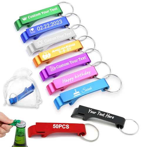 50Pcs Personalised Bottle Opener Keyring - Engraved Customised Text/Logo Bottle Opener Bulk for Wedding Party Favors Gift for Guests (50pcs)