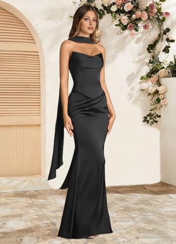 Strapless Bridesmaid Dresses with Scarf Convertible Long Mermaid Ruched Satin Formal Evening Ball Gown for Women3