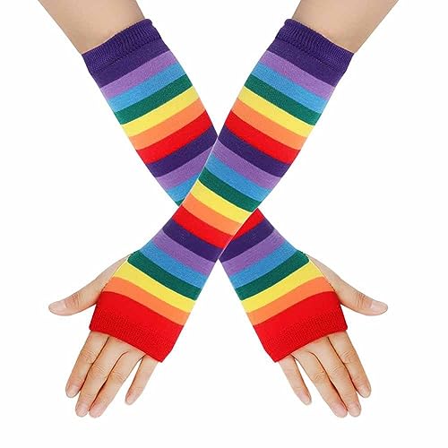 SHTGOI 2 Paar Regenbogen Handschuhe Gestreifte Fingerlose Handschuhe Lange Bunte Strickhandschuhe Sonnencreme Armmanschette Baumwolle Hohe Beinwärmer für Punk Rock Cosplay Weihnachtsfeier Lila