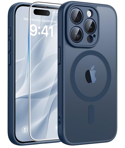 FNTCASE for iPhone 15 Pro Case: [Compatible with Magsafe] Translucent Matte Cases with [Full Camera Protection] [Screen Protector] Military Grade Shockproof Protective Phone Cover - Blue
