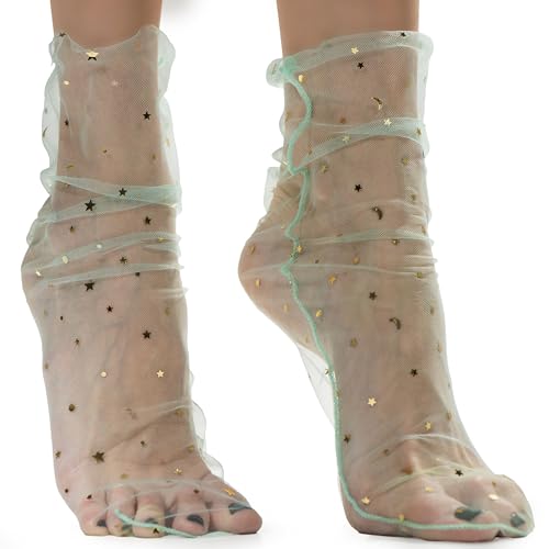 AVIAN LEGS Magic Mint Frost: Women Sheer Slouch Tulle Socks | Shiny Glitter Novelty Decorated Loose Socks with Stars & Moon - Ankle High 1 Pair (US sizes 5-8)