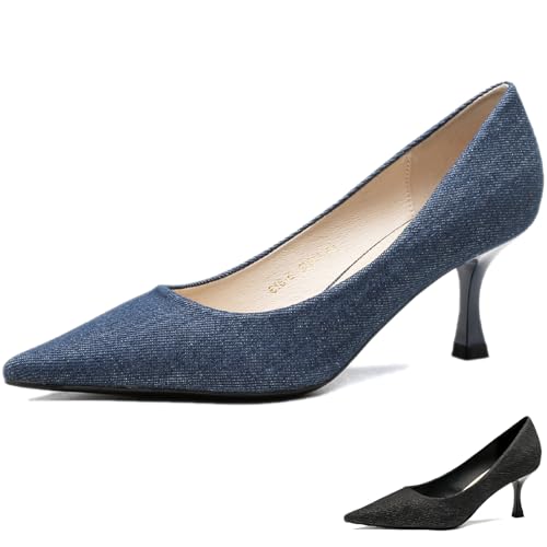 Women's Denim Closed Pointed Toe Kitten Heel Dress Pumps Lightweight Slip-On Comfortable Non-Slip High Heel for Work Party Prom Daily