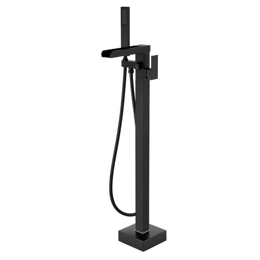 OZBMA Shower Set System, Waterfall Tub Filler Freestanding Taps Black Floor Mount Brass Single Handle Bathroom Faucets with Hand Set,Chrome (size_name Black)