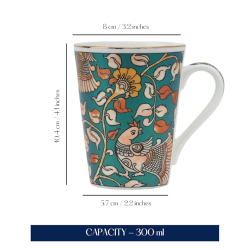 Image of GOLDEN QUEEN'S Mugs Set Of 2 For Coffee, Tea, Milk - Ideal For Your Daily Beverage Ritual, Hosting & Casual Gatherings | 24 K Gold On Rim - Kalamkari Hues In Green, 300 Ml