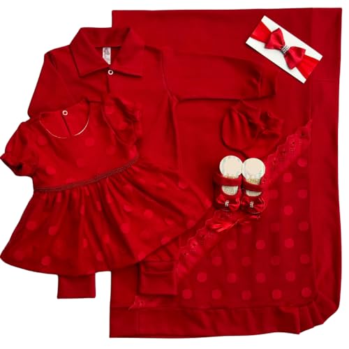 Conjunto Saída Maternidade Luxo Vermelho, Vestido com Poás, Faixa de Cabelo com Laço, Sapatinho, 6 Peças