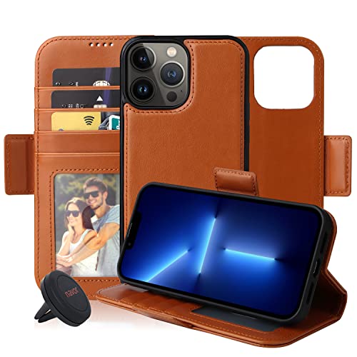 navor Universal Car Mount & Detachable Magnetic Wallet Case Compatible with iPhone 13 Pro Max [6.7 inch] [Folio], RFID Protection Kickstand -Brown