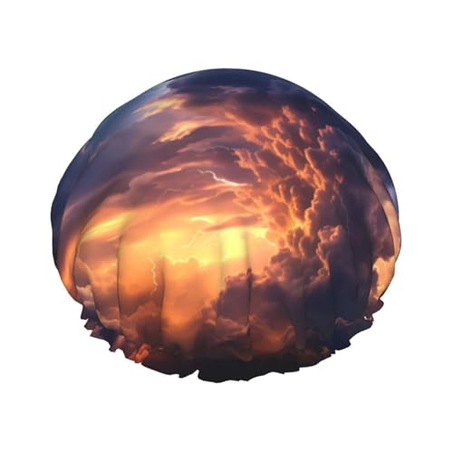Clouds and lightning Shower Cap for Women Reusable Waterproof Shower Bonnet Washable Elastic Band Bath Hair Hat Double Layered Bath Cap Extra Large for Long Hair