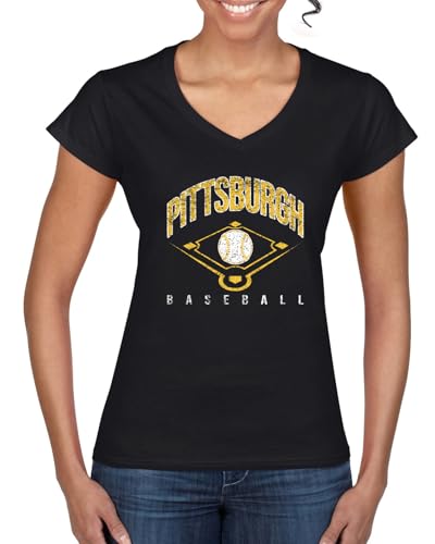 American Baseball Fan Pittsburgh Shirt Vintage Distressed Field Sports Tee Retro USA Game Day Womens Standard V-Neck Tee Black Medium