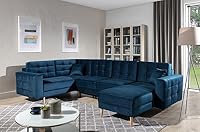 VENESETTI Canapé panoramique Convertible - ASMA Velours - en Tissu de qualité 5 Places, Bleu foncé, méridienne
