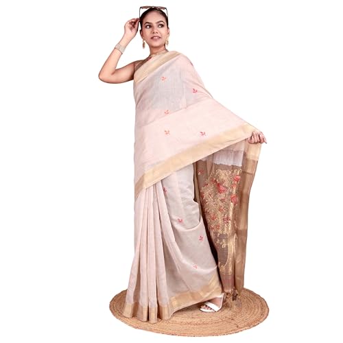 Image of Beige Cotton Saree with Zari Weaving Work and Blouse Piece, Traditional Indian Wear for Women