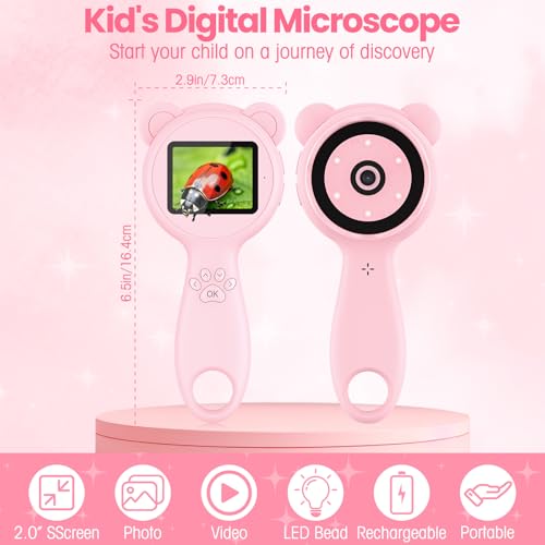 Image of Kids Microscope Mini Microscope for Kids Magnifying Glass for Kids Pocket Microscope for Kids Handheld, Ideal Birthday Christmas New Year Gifts for Age 3 4 5 6 7 8 9 Girls Boys, Pink