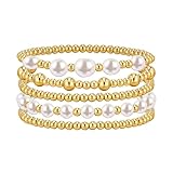 Umimiss Beaded Bracelets for Women Gold - Beaded Bracelets, Silver Bracelet for Women, Gold Bead Bracelet, Stretch Bracelets Plated Natural Pearl, Stackable Stretch Bead Ball Bracelet Set Jewelry
