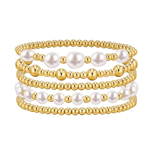 Image of Umimiss Beaded Bracelets for Women Gold - Beaded Bracelets, Silver Bracelet for Women, Gold Bead Bracelet, Stretch Bracelets Plated Natural Pearl, Stackable Stretch Bead Ball Bracelet Set Jewelry