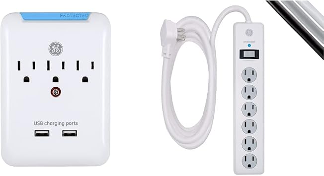 GE Surge Protector Bundle with Extender and Charging Station 3 Outlets + 2 USB Ports