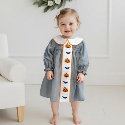 Kids Girl Halloween Outfit Polka Dot Print Pumpkin Bow Embroidery Long Sleeve Peter Pan Collar Dress Fall Photoshoot Clothes2