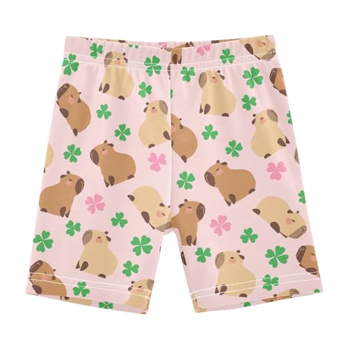 Capybara with Lucky Clover Pink Girls Shorts Elastic Waist Sports Shorts Girls Leggings Pants for 4-10 Years