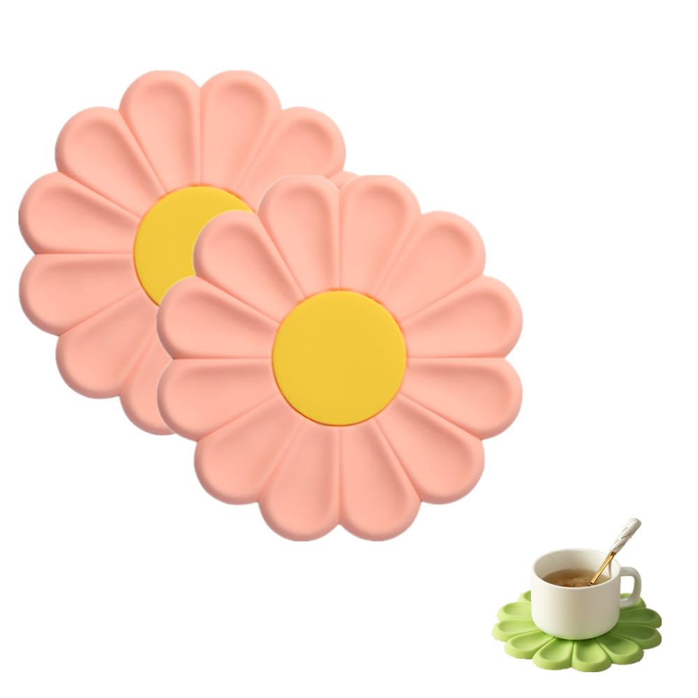 YGMXZL 2 Pack Silicone Trivet Mats,Daisy Flower Shape Heat Insulation Mat for Hot Pots and Pans,Coasters,Non-Slip Mat,Flexible (Pink, 17CM)