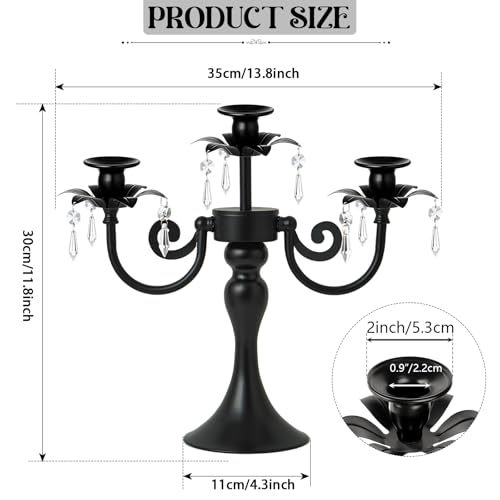 Image of Metal 3 Arm Candelabra with Crystal Pendants - 11.8 Inch Tall Candle Holders, Set of 6 - Elegant Taper Candlestick Stand for Wedding, Dining Table, Christmas Party Home Decoration (Black)