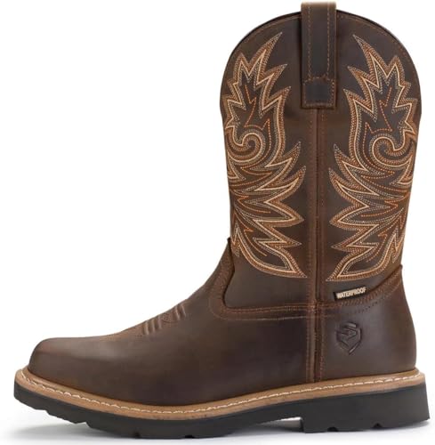 SUREWAY Mens Western Square Toe Cowboy Boots for Men,Soft/Steel Toe Full Grain Leather Slip On Pull On Work Boots for Construction Farming,Waterproof Steel Toe Brown,Size 112