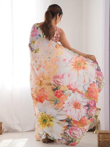 Image of Panzora Women's Chinon Printed Saree With Unstitched Blouse Piece