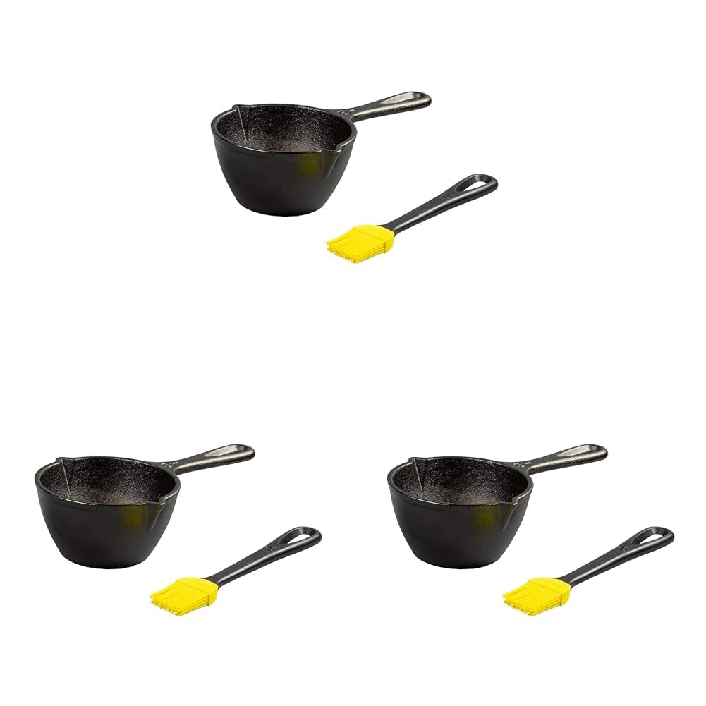 Lodge 15.2 Ounce Cast Iron Melting Pot + Silicone Basting Brush - Unparalleled Heat Retention - Heat Resistant Basting Brush up to 450° - Black and Yellow,(Pack of 3)