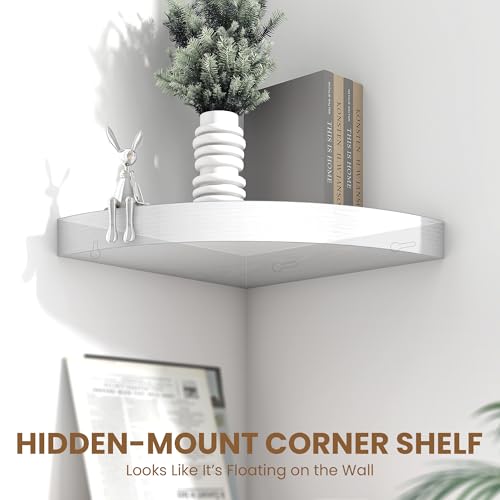 Image of Fun Memories Floating Corner Shelves Set of 2 - Rustic Wood Wall Mounted Storage and Display Shelves for Living Room, Bedroom, Kitchen, Bathroom - Space Saving Home Decor, White