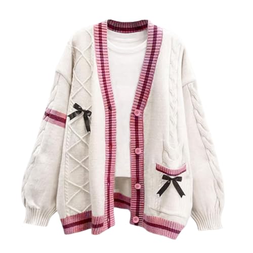 Image of ebossy Womens Kawaii Cute Bowknot Cable Knit Cardigans Sheep V Neck Button Down Slouchy Preppy Wool Blend Sweater Coat
