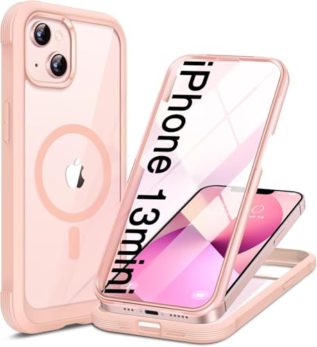 Image of Miracase for iPhone 13 mini Case 5.4 inch,Full-Body Protection,Clear Bumper Case with Built-in 9H Tempered Glass Screen Protector,Military-Grade Drop Protection Outdoor Phone Case for iPhone 13 mini,Pink
